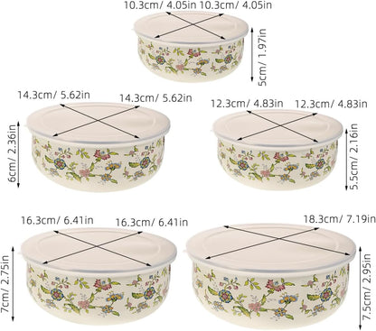 Enamel Nesting Bowls with Lids 5-Piece Mixing Bowls Set for Food Storage Salad Fruit Soup and Serving Multi Size Enamel Bowl Container for Everyday Kitchen Use 4.05 X 4.05 X 1.96 In2
