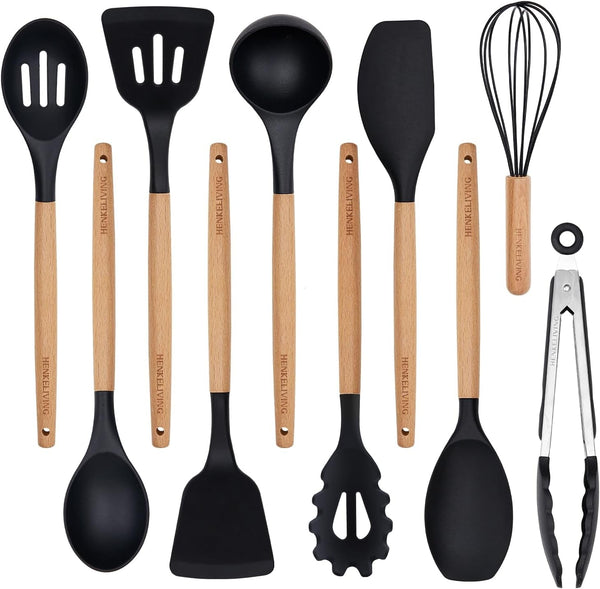 Silicone 10 Pcs Kitchen Cooking Utensils Set, Recycled Materials Certification, BPA Free Spatula Set with Heat Resistant Wood Handles for Nonstick Cookware, Black1