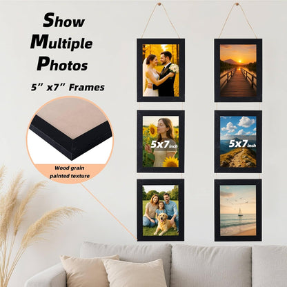 2 Pcs 5X7 Black Picture Frames Collage with 6 Openings Wall Decor Hanging Photo Holder Frame for Wall Rustic Engineered Wood 5 X 7 Collage Picture Frames Wooden Photo Frame Wall Mount Set of 26
