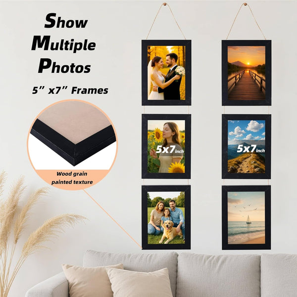 2 Pcs 5X7 Black Picture Frames Collage with 6 Openings Wall Decor Hanging Photo Holder Frame for Wall Rustic Engineered Wood 5 X 7 Collage Picture Frames Wooden Photo Frame Wall Mount Set of 26