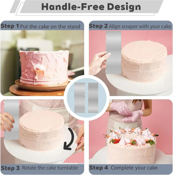 2 Pcs Stainless Metal Cake Scraper Smoother Double Sided Patterned Edge Cake Decorating Supplies Spatula Frosting Icing Tools Comb for Icing Cakes Buttercream Decorating6