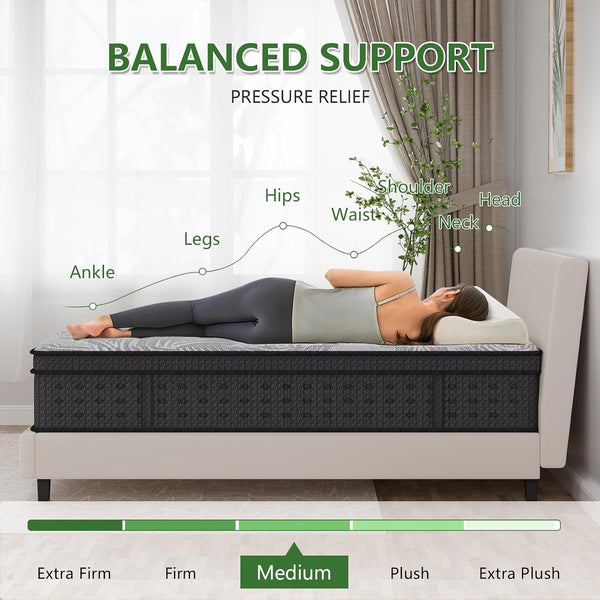 Full Size Mattress 14 Inch, Hybrid Full Mattress in a Box, Pocket Springs & Memory Foam for Motion Isolation, Medium Firm Feel, Edge Support, Certipur‑Us Certified3