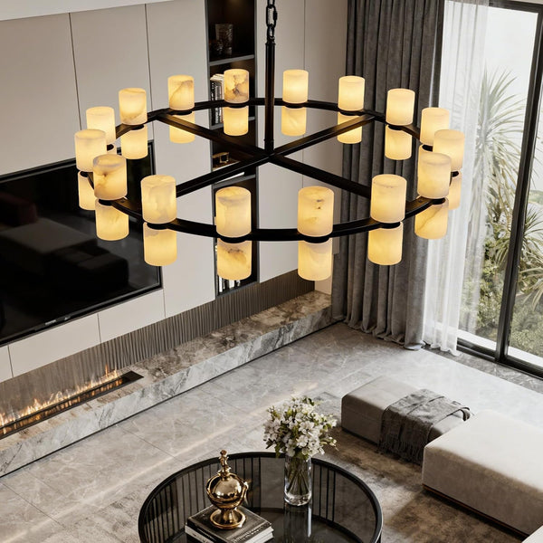 Alabaster round Chandelier, Natural Spanish Stone Texture Chandeliers, D31In round Chandeliers for Dining Room Chandelier Light Fixture for Kitchen Living Room Foyer Entryway Hallway (Black)5