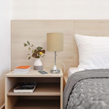 Oslo 19.5" Contemporary Bedside Power Outlet Base Standard Metal Table Desk Lamp in Brushed Steel with Tan Drum Fabric Shade5