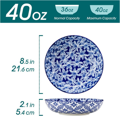 Selene 8.5" Pasta Bowls Set of 6, 40 Oz Porcelain Shallow Salad Bowls, Serving Bowls Large Kitchen Bowl Plates Pasta Plates, Blue & White Floral Design, Microwave Safe2