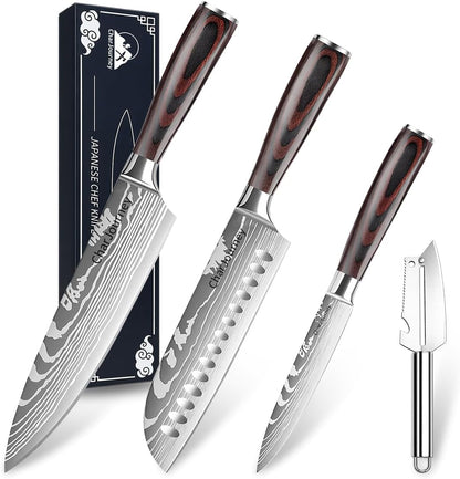 Japanese Knife Set with Peeler, 3-Piece Kitchen Knife Set with 8" Chef Knife, 7" Santoku Knife and 5" Utility Knife, High Carbon Stainless Steel Cooking Knives, Pakka Wood Handle1