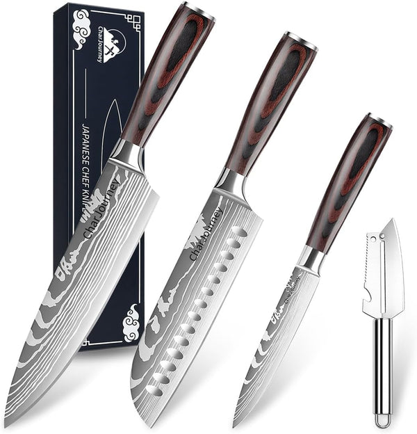 Japanese Knife Set with Peeler, 3-Piece Kitchen Knife Set with 8" Chef Knife, 7" Santoku Knife and 5" Utility Knife, High Carbon Stainless Steel Cooking Knives, Pakka Wood Handle1