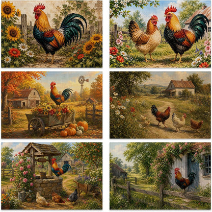 Farmhouse Rooster Sunflower Garden Linen Table Mats Set of 6, 12 X 18 Inch Washable Waterproof Placemats, Stain Resistant Reusable Place Mats for Dining Table, Kitchen, Home Kitchen Decor1