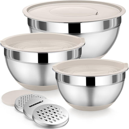 Mixing Bowl with Lid Set of 3, Stainless Steel Salad Bowls, Khaki1