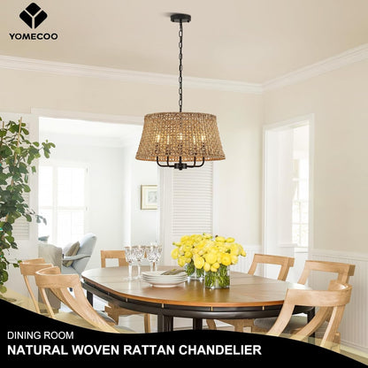 19.7" Boho Rattan Chandelier, 5-Light Black Wicker Light Fixture2