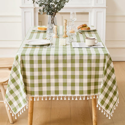Spring Gingham Tablecloth Rectangle Cotton Linen Fabric Checkered Table Cloth with Tassel Washable Wrinkle Free Buffalo Plaid Table Cover for Outdoor Party Picnic Kitchen Dining, Green, 55X757