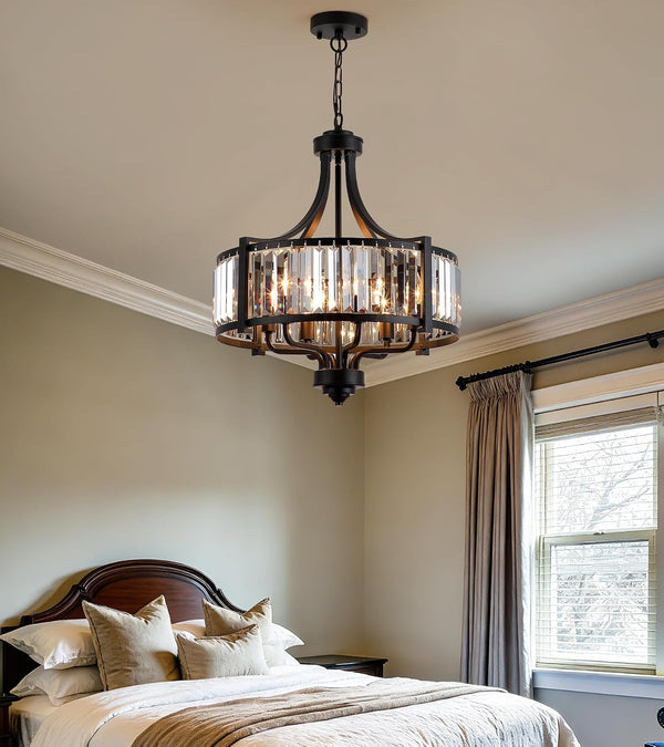 Modern Crystal Chandeliers, Entryway Black Crystal Chandelier for Dining Room, 6-Light Farmhouse Pendant Hanging Light Fixture for Living Room Foyer Kitchen Island,Conical,20In7