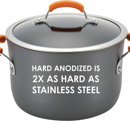 Brights Hard-Anodized Aluminum Nonstick Cookware Set with Glass Lids, 10-Piece Pot and Pan Set, Gray with Orange Handles2