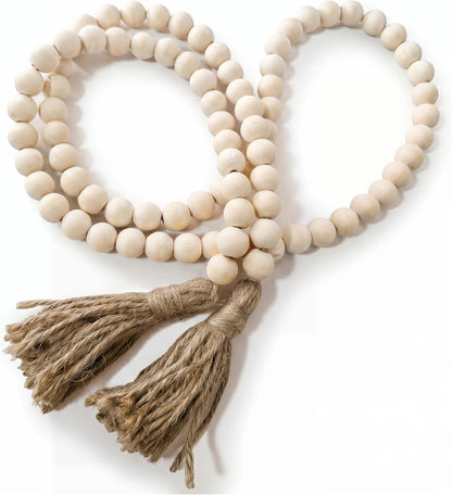 Farmhouse Beads Long Length Solid Wood Bead Boho Tassel Garland - Rustic Country Solid Beaded Boho Chic Decor for Wall, above Cabinet & Table1