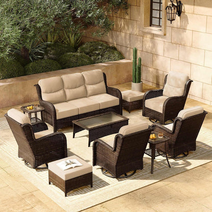 10-Piece Luxury Patio Furniture Set with 6" Thick Cushions, Weather-Resistant Wicker High Back Swivel Rocker Chairs, Senior-Friendly Outdoor Sofa Set for Large Deck, Yard and Poolside,Beige(V2)1