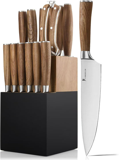 Ultra Sharp 15-Piece Kitchen Knife Set, High Carbon Stainless Steel Blades, Torrefied Brown Wood Handles, Ergonomic Design, Space-Saving Black-Finished Wood Block, Easy Hand Wash, Gift Box1