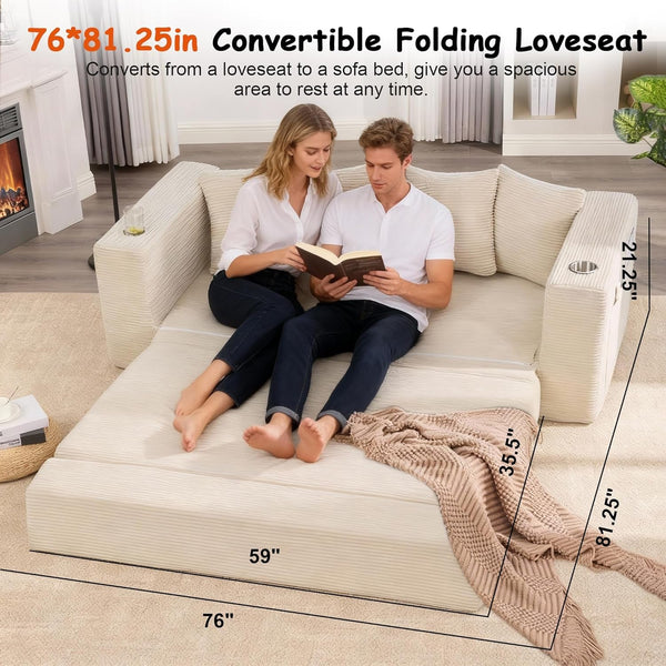 76" Convertible Sofa Bed, Corduroy Boneless Couch with Cup Holders & Pocket4