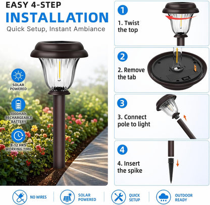 8 Pack Solar Lights Outdoor, Stainless Steel Glass Solar Pathway Lights, Auto On/Off Long-Lasting Waterproof Garden Lights for Landscape, Path, Yard, Driveway, Walkway Decor (Warm White)7