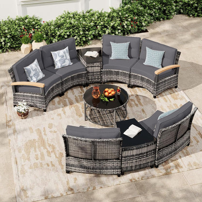 9-Piece Half-Moon Curved Outdoor Patio Furniture Set, Sectional Conversation Sofa with Wood Armrests, Coffee & Side Tables for Backyard Deck Garden, Grey2