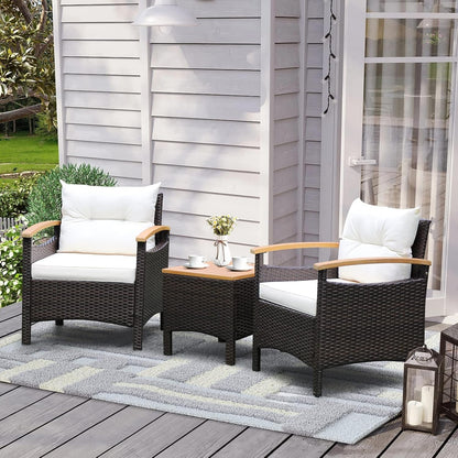 3-Piece Patio Furniture Set, Patiojoy Outdoor Rattan Sofa Set with Coffee Table, Patio Conversation Set with Removable Cushion, Cozy Acacia Wood Armrests for Backyard, Poolside (Off White)2