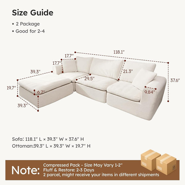 Modular Sectional Cloud Sofa, No Assembly Oversized Boneless Couch, Beige2