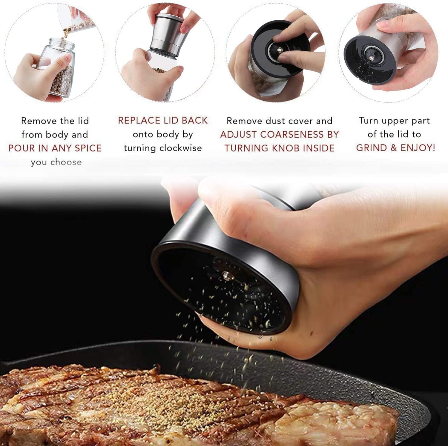 salt-and-pepper-grinder-set-with-wooden-standing-tray-refillable-pepper-mill-set-brushed-stainless-steel-short-glass-shakers-with-adjustable-coarseness-for-peppercorn-salt-or-spice-mills