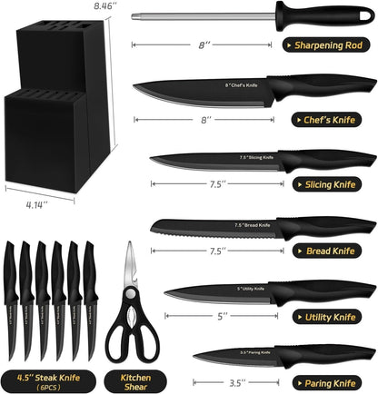 14-Piece Black Kitchen Knife Block Set with Built-In Sharpener | German High-Carbon Stainless Steel Blades, Dishwasher Safe, Ultra-Sharp Edges, Ergonomic Non-Slip Handles2
