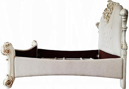 Antoine King Size Bed, Ivory Faux Leather Victorian Carved Pearl White5