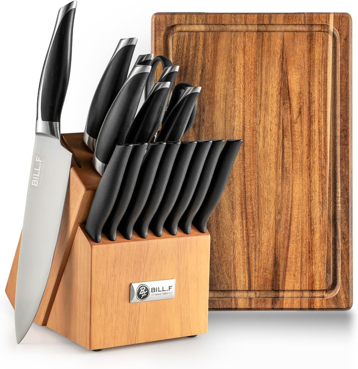 Wood Kitchen Set Knife Set for Kitchen with Block Stainless Steel Knives 17 Pcs and Cutting Board with Groove,Black Handles and Sharp Stainless Steel Professional Chef Knife Set