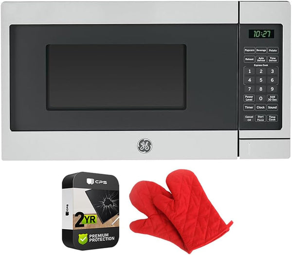 GCST07N1WSS Countertop Microwave Oven 700-Watt Compact 0.7 Cu Ft Stainless Steel Bundle with 2 YR CPS Enhanced Protection Pack and Deco Chef Pair of Red Heat Resistant Oven Mitt1