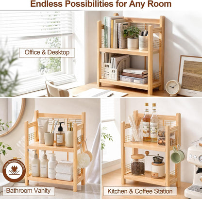 No-Assembly Coffee Bar Organizer, 2-Tier Coffee Station Shelf | Foldable Oak Wood Shelf, Coffee Station Accessories Storage for Syrup & Pod, 3 Hooks for Mugs, Kitchen Condiment Rack Natural3