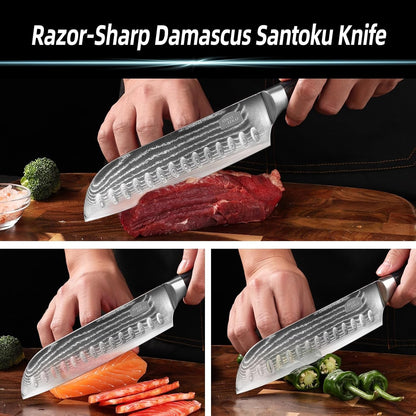 Damascus Santoku Knife, 7- Inch Kitchen Knives with 9Cr18Mov Steel Core, Japanese Kitchen Knife Cooking Meat Cleaver with Durable Wood Handle, Sharp Santoku Chef Knife for Home Use with Gift Box5