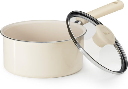 Ceramic Nonstick Saucepan with Lid, 2.5QT Small Cooking Pot, Non Toxic Sauce Pans for Kitchen, Cool Handle PFAS Free Compatible with All Cooktops, White1