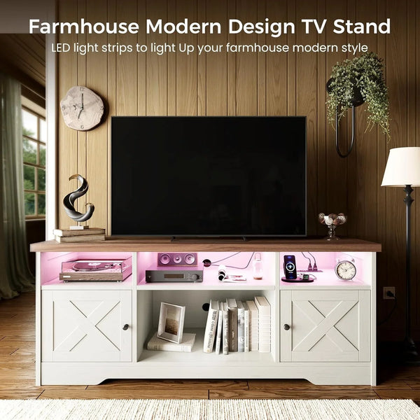 TV Stand for 65 Inch TV, Entertainment Center, White | Farmhouse Entertainment Center, Power Outlet & LED Light, Storage Cabinets, Media Furniture for Living Room, Bedroom2