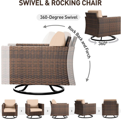 Patio Furniture Set, 5 Pieces Outdoor Conversation Sets with Rocking Swivel Chairs, Wicker Rattan Outdoor Sofa Set with Storage Table and Waterproof Covers for Backyard, Deck, Porch, Khaki4