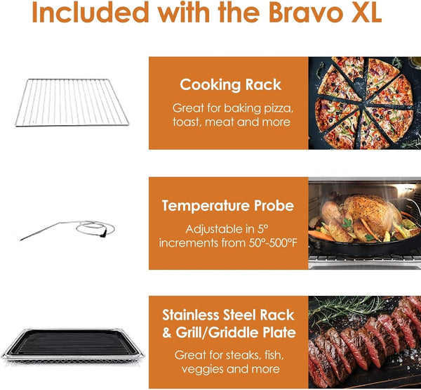Bravo XL Air Fryer Convection Oven, 112-In-1 Smart Grill Combo | Original Grill Flavors & Marks, Adjustable Heating Zones for Toast, Pizza, Roast, Bake, 50-500°F, Stainless Steel, 30QT7