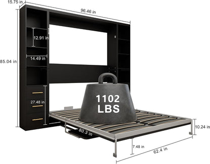Queen Size Vertical Cabinet Metal Murphy Bed with Desk, Black2