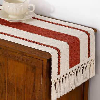 Terracotta & Ivory Woven Table Runner with Tassels 11"×90"6