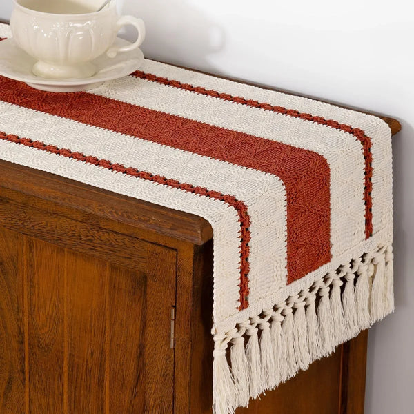Terracotta & Ivory Woven Table Runner with Tassels 11"×90"6