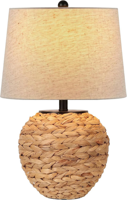 23’’ Rattan Table Lamp with Natural Woven Water Hyacinth Basket Base & Linen Drum Shade, Boho Farmhouse Bedside Lamp for Living Room Bedroom, Includes 3-Color Temperature LED Bulb2
