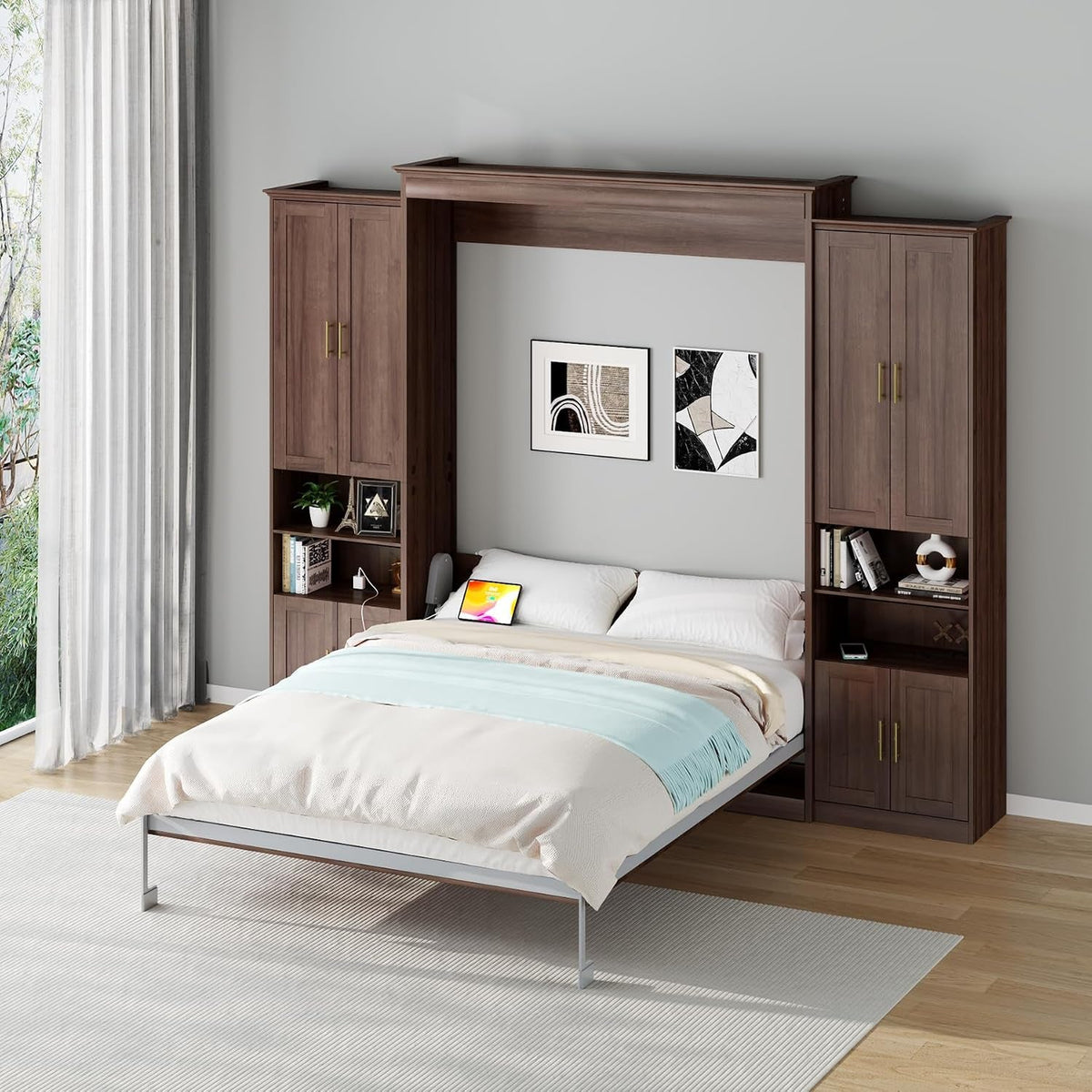 queen-murphy-bed-with-2-side-cabinets-usb-port-shelves-walnut