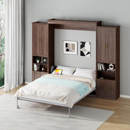 Queen Murphy Bed with 2 Side Cabinets, USB Port, Shelves, Walnut8
