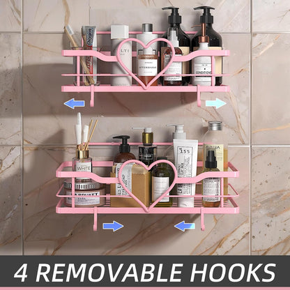 Pink Shower Caddy with 4 Removable Hooks, 2 Pack Sweet Heart Shower Shelves,No Drilling Adhesive Organizer Shelf for Bathroom Shower,Kitchen,Bedroom4