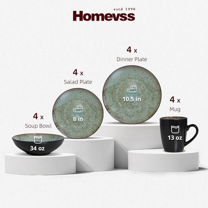 Stoneware Dinner Set Reactive Glaze (16Pc Set, Java Green)2