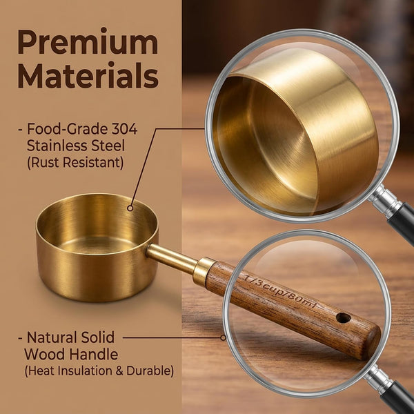 1/3 Cup Measuring Cup, 80Ml Stainless Steel Measuring Scoop Gold Coffee Scoop 1/3 Teaspoon with Wooden Handle for Baking Cooking Wet and Dry Ingredients3