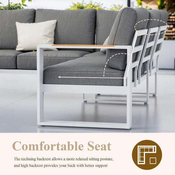 Aluminum Patio Furniture Set, All-Weather Outdoor Couch Sectional, L Shaped Patio Conversation Sets, Metal Corner Sofa with Teak Coffee Table(Cushion: Dark Gray, White Frame)4