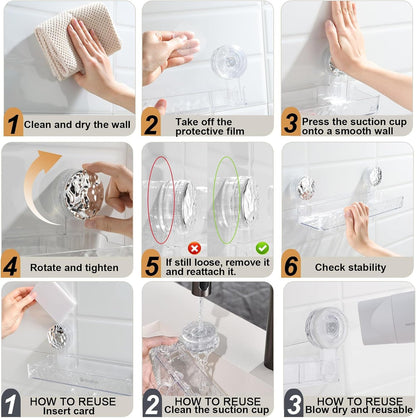 Shower Caddy Suction Cup, Wall Mounted Suction Shower Rack Organizer, No Drilling Clear Shelf Basket with 4 Movable Hooks, Bathroom Storage Rack Suitable for Smooth Walls4
