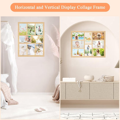 4X6 Oak Wood Picture Frames Collage Wall Decor Natural Woodgrain, Solid Oak Wooden Family Photo Collage Frame 8 Openings, Glass Front, Wall Hanging Display 8 4X6 Pictures3