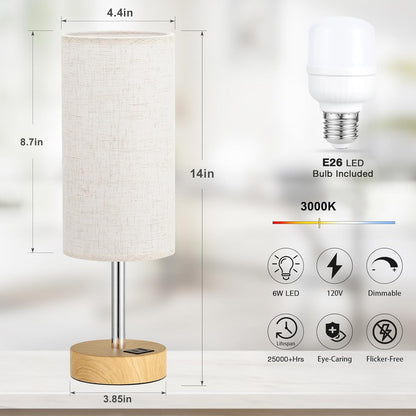 Bedside Table Lamp for Bedroom - 3-Way Dimmable Touch Lamp, USB A+C | LED Bulb Included, 14" Small Nightstand Lamp for Desk, Living Room, Guest Room, Cream Fabric Lampshade, Wood-Grain Metal Base5