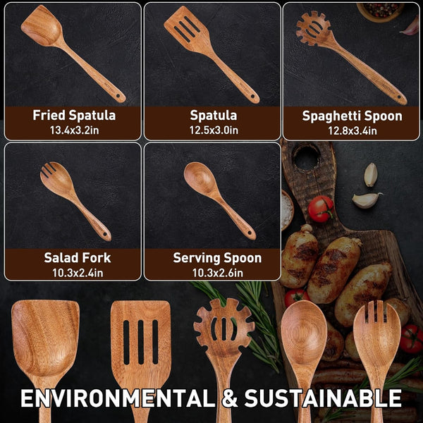 Wooden Spoons for Cooking, 5-Piece Acacia Wood Kitchen Utensil Set | for Nonstick Cookware, Salad Spoon, Spaghetti Spoon, Fork & Spatulas6